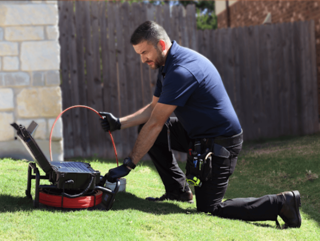 Home inspector performing a sewer scope inspection using a camera system on a residential lawn