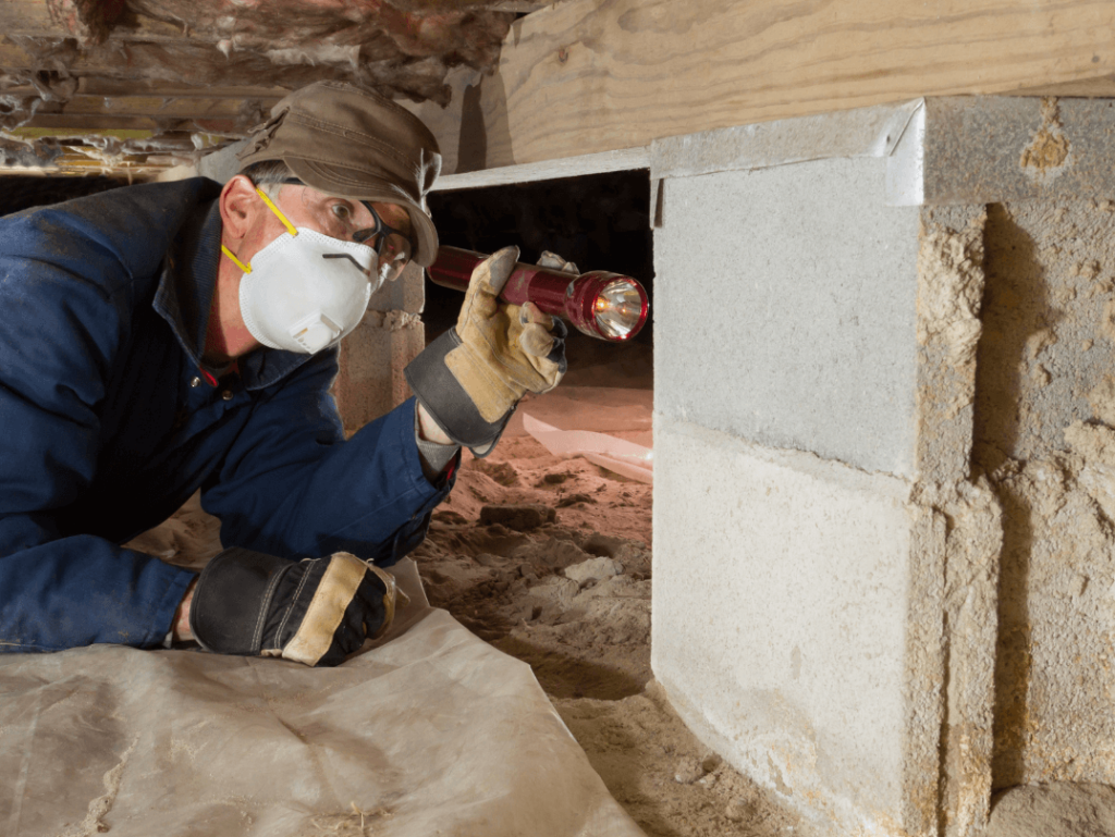 Home inspector examining crawl space for termite damage